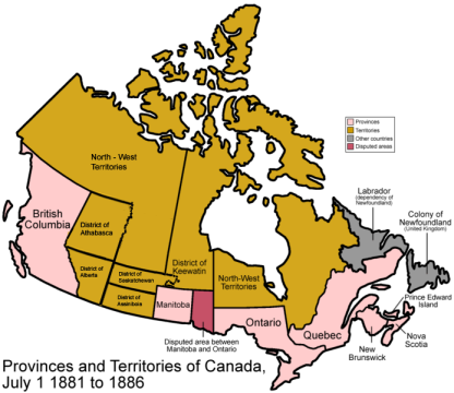 Carte représentant les divisions politiques du Canada en 1882