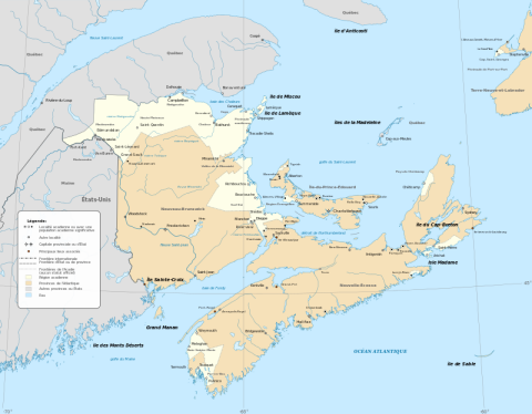Carte administrative de l'Acadie. La plupart des frontières montrées sont approximatives car il n'y a pas de statut officiel.