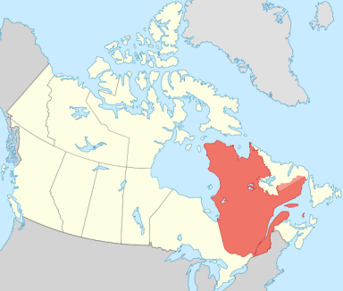 Carte montrant le Québec au sein du Canada, ainsi que la zone contestée au Labrador.