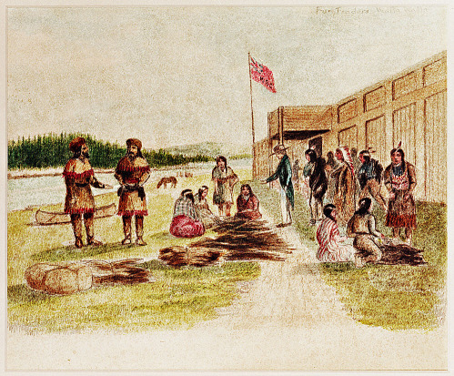 Peinture représentants des hivernants faisant la traite avec des autochtones devant un fort de la CBH