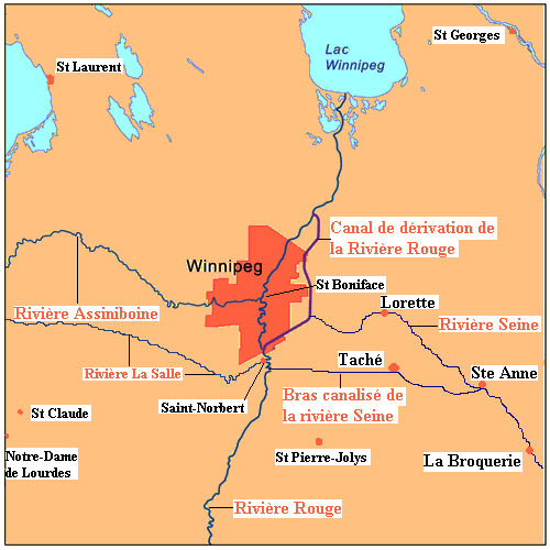 Carte présentant quelques municipalités francophones dans la région de Saint-Boniface