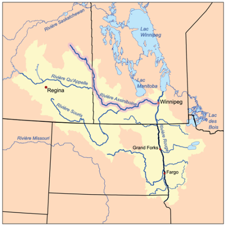 Carte montrant les rivières Rouge et l'Assiniboine
